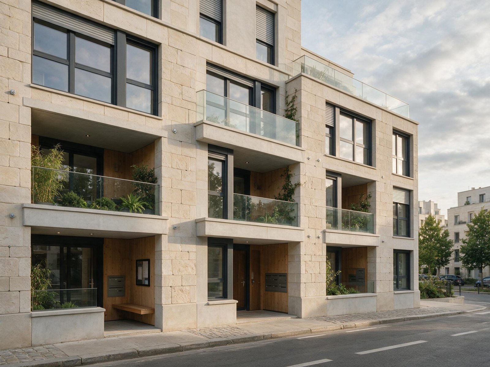 Résidence neuve en Île-de-France, façade pierre et balcons